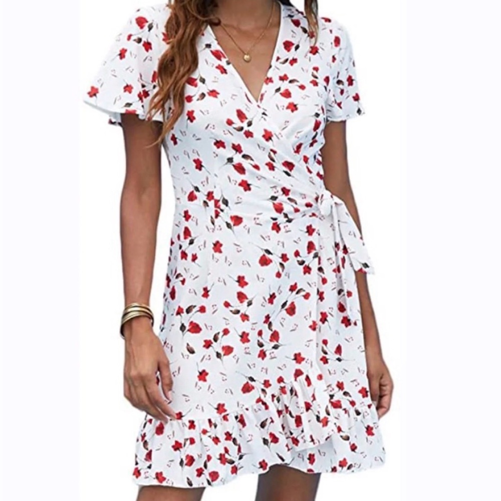 Women's White Mini Wrap Dress with Red Floral Print